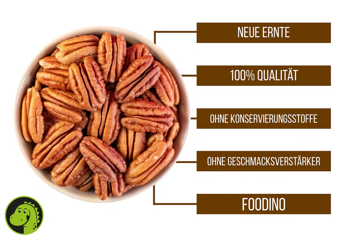 Pekannüsse naturbelassen ganz ungeröstet ungesalzen roh Pekannusskerne natur ohne Schale Pecannüsse unbehandelt 500g - 5kg Pekannuss Kerne wiederverschließbar Premium Qualität FOODINO (1kg)
