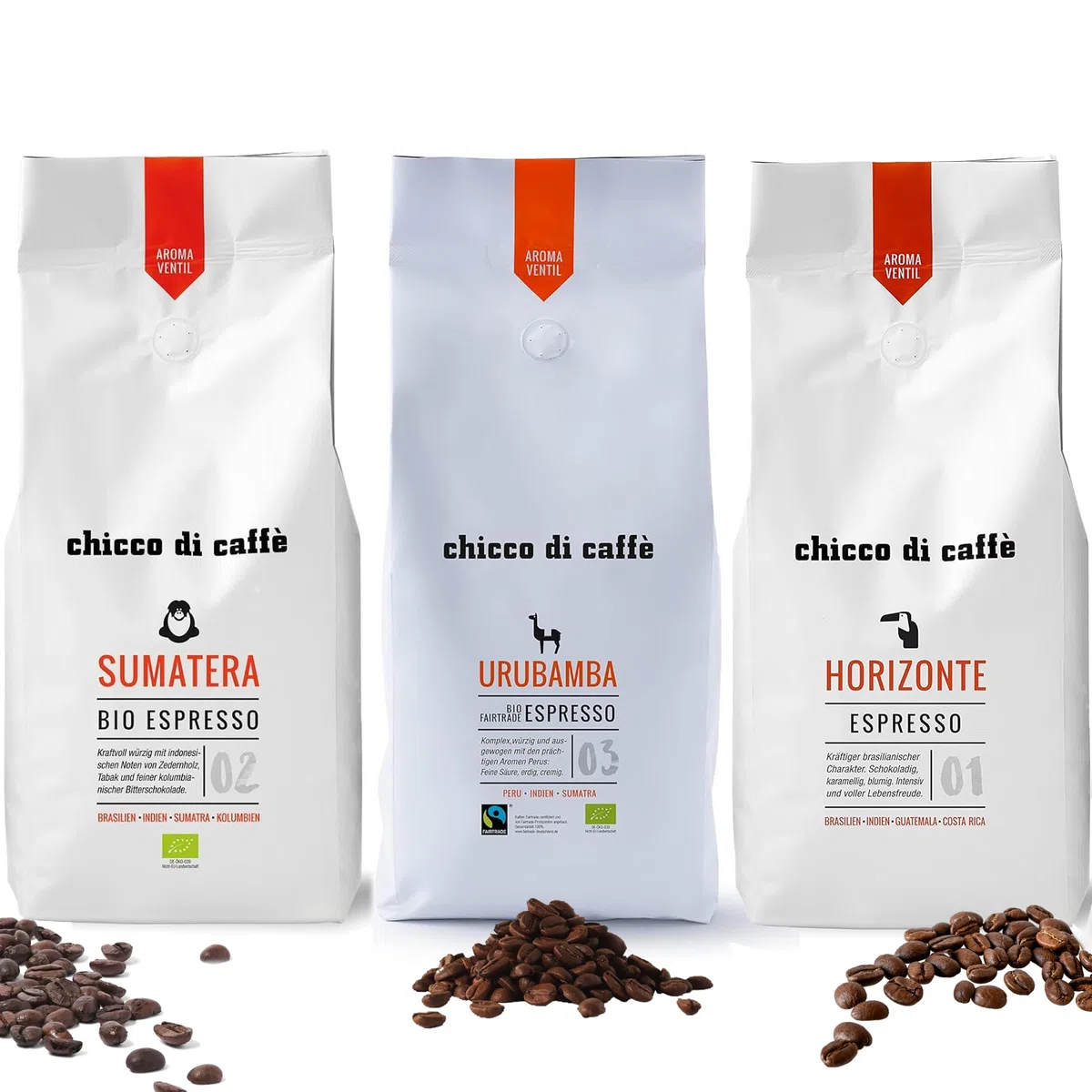 Chicco Espresso Premium Probierpaket groß 3kg ganze Kaffee Bohnen Urubamba Sumatera Horizonte