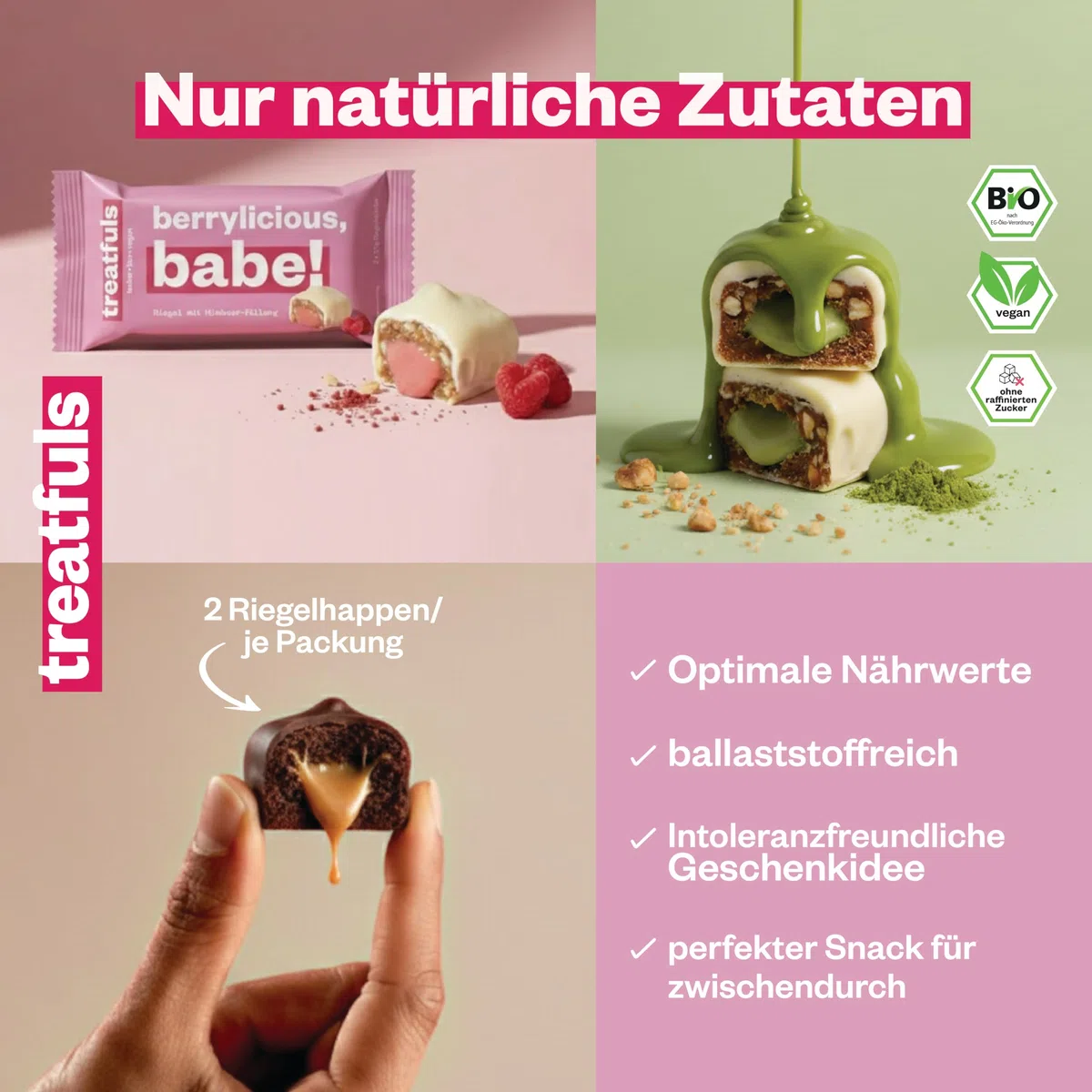 Vegane Schokoriegel mit Füllung Matcha Chai Latte Brownie Himbeere-Macadamia
