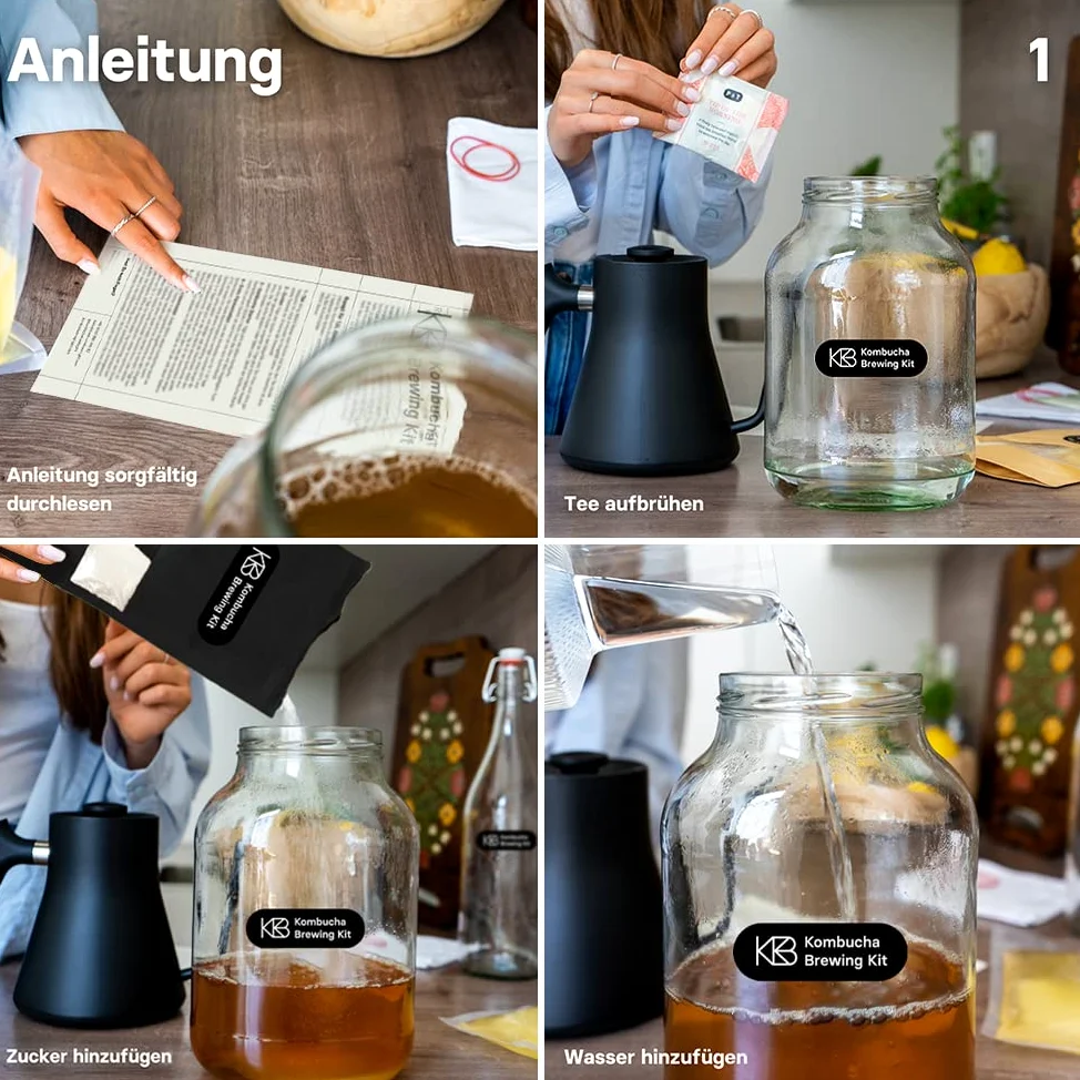 Kombucha Brewing Kit Bio, Kombucha Starter Set mit Bio-SCOBY Starterkultur und Kombucha Pilz, Gärgefäß, Bügelflasche, BioRohrohrzucker und Glasstrohhalm, handgefertigt, vegan, glutenfrei, laktosefrei