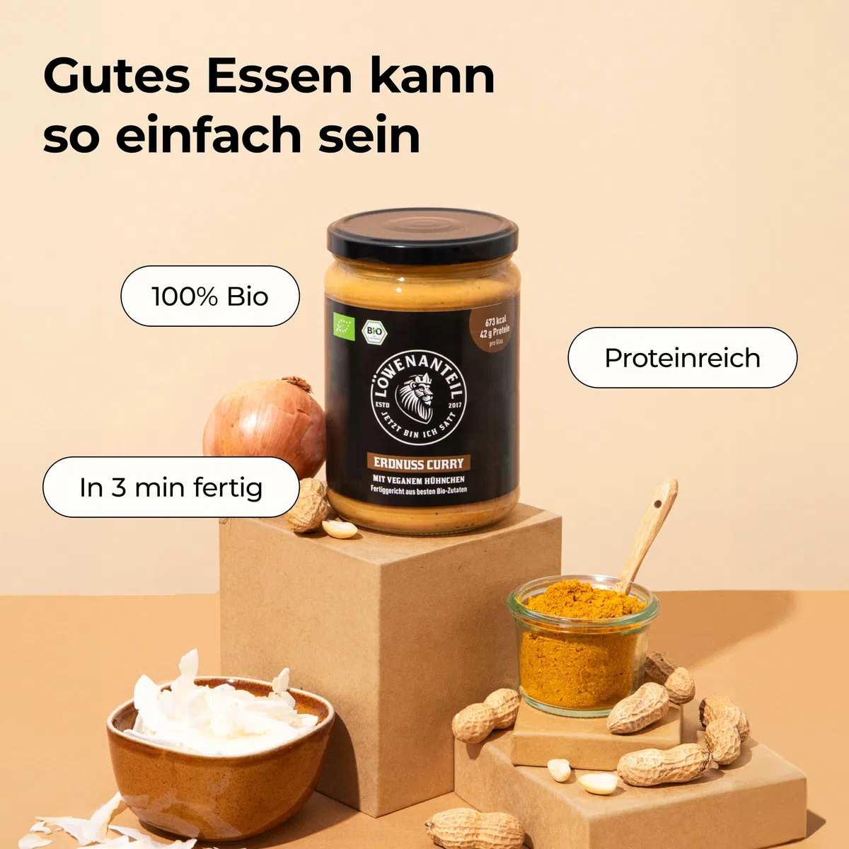 Löwenanteil - 100% Bio-ERDNUSS CURRY - 570g Glas - Proteinreiches Bio-Fertiggericht mit veganen Hühnchen & cremiger Erdnussbutter - Eintopf ohne Zuckerzusatz & Glutenfrei