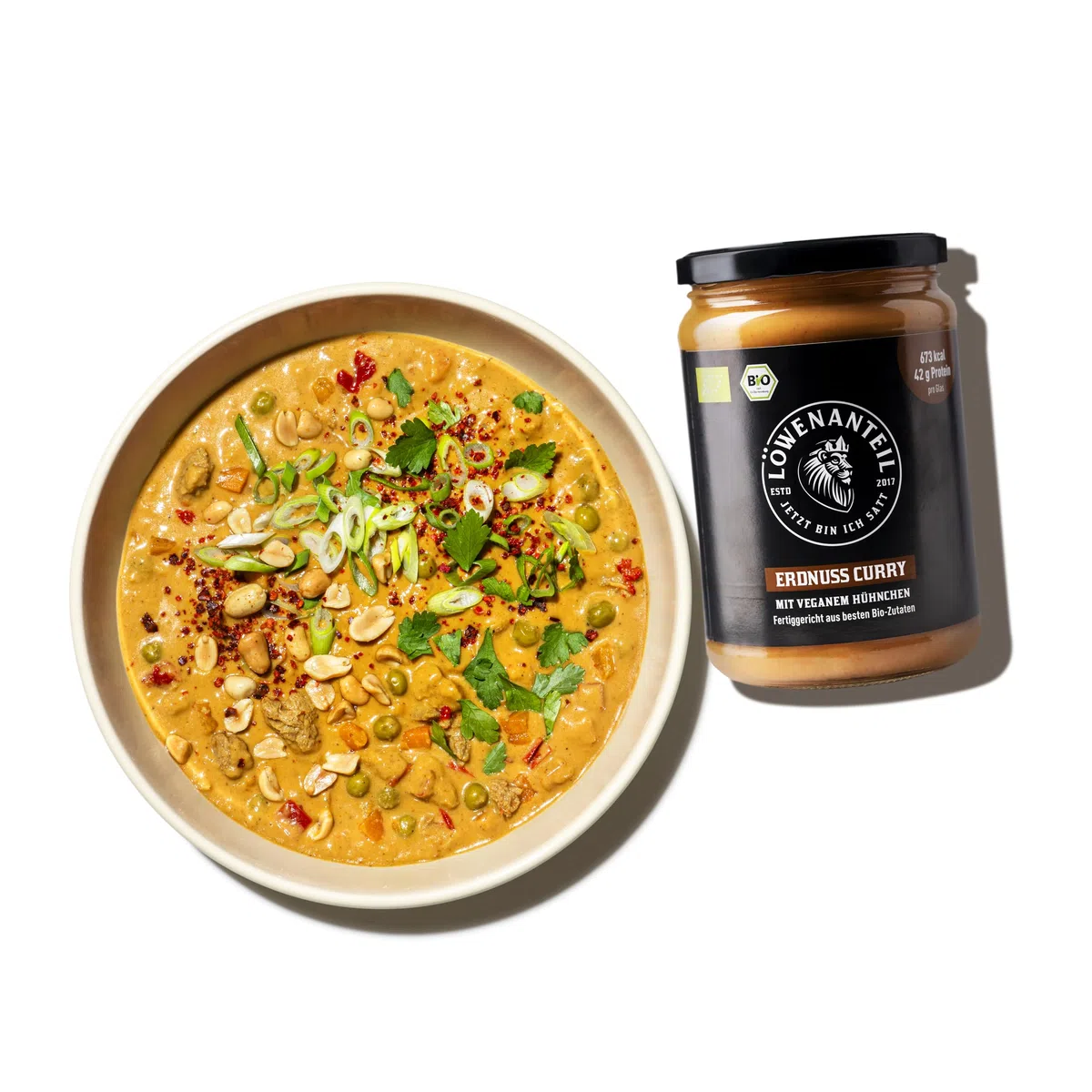 Löwenanteil - 100% Bio-ERDNUSS CURRY - 570g Glas - Proteinreiches Bio-Fertiggericht mit veganen Hühnchen & cremiger Erdnussbutter - Eintopf ohne Zuckerzusatz & Glutenfrei