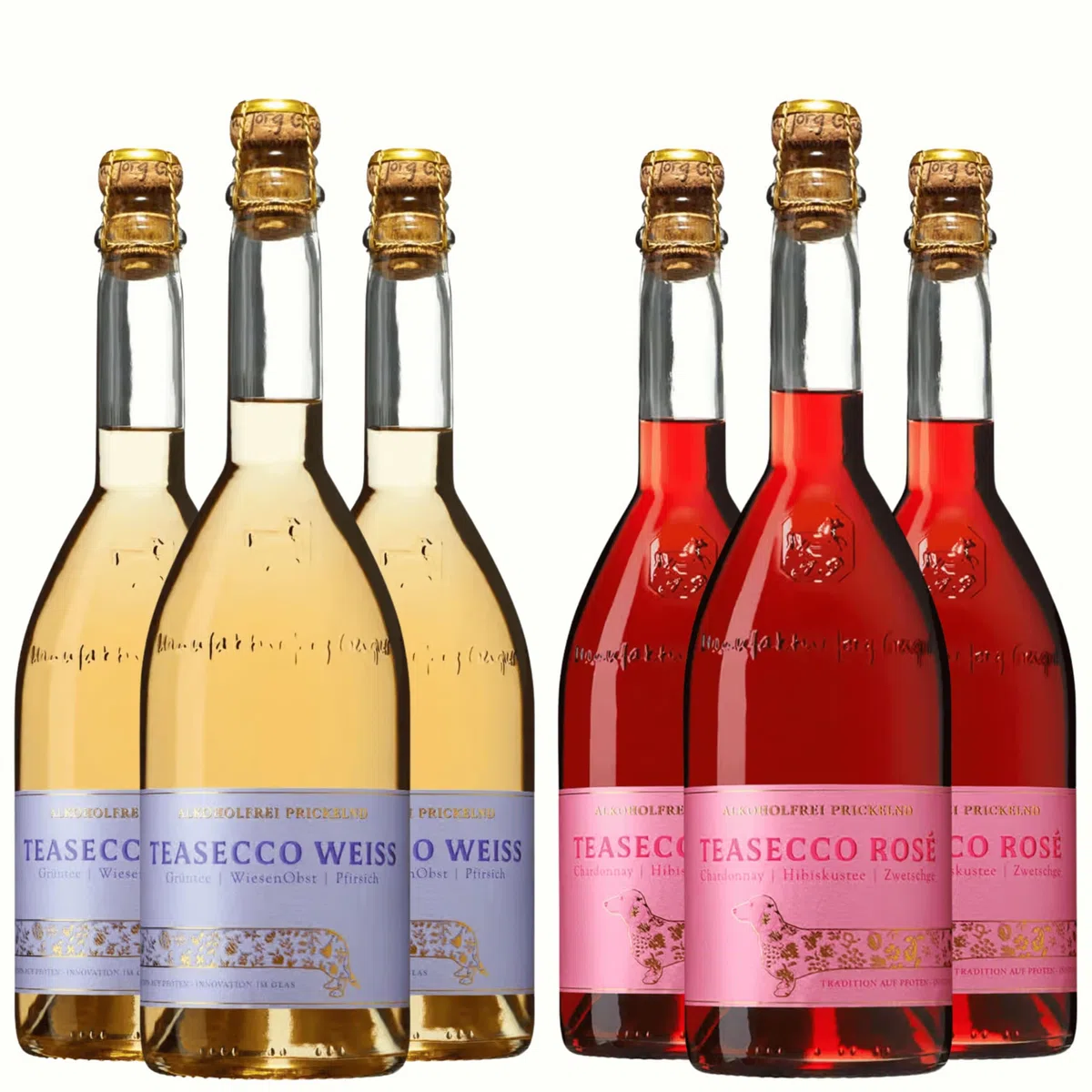 Jörg Geiger Teasecco Weiß & Rosé Alkoholfrei Prickelnd 6x0,75l mit Sektverschluss