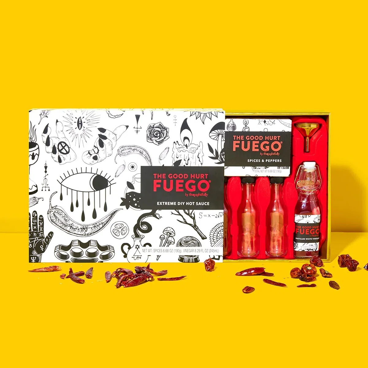XXL DIY Scharfe Soße Set, großes Hot Sauce Kit, Geschenkset mit 4 Flaschen, Gewürzen, Rezeptheft