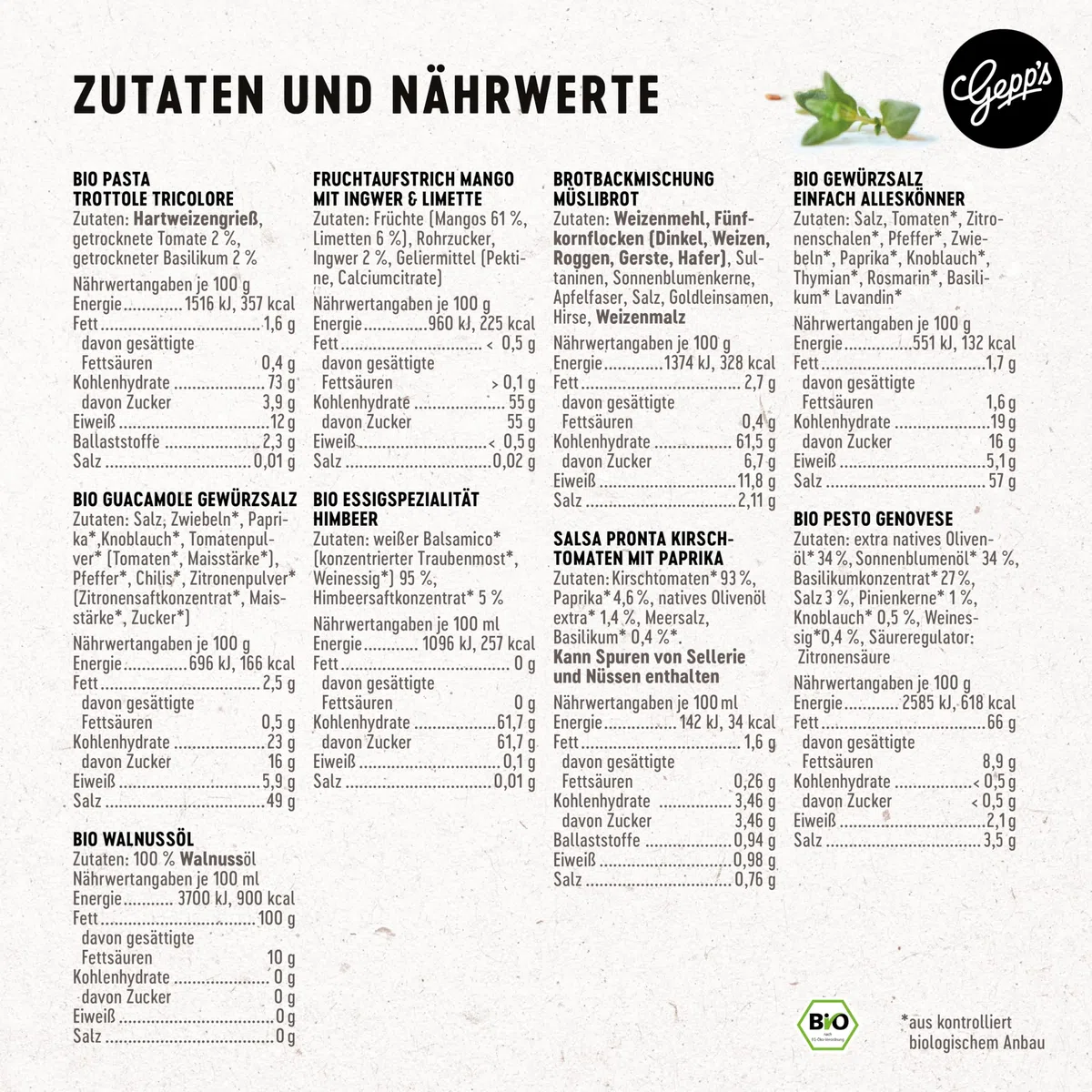 Gepp’s Feinkost Vegan Must-Have Köstliche Variationen an veganen Delikatessen Pasta Bio Pesto Gewürzmischungen Nussöl Aperitif-Essig Fruchtaufstrich