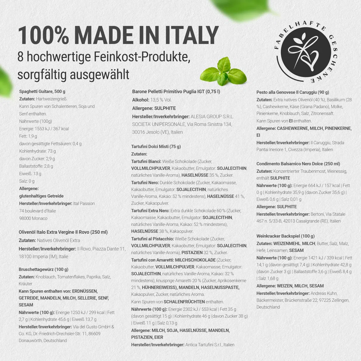 Geschenkkorb Bella Italia mit Rotwein, Olivenöl, Aceto Balsamico, Pasta, Pesto, Tartufini - Wein Geschenk für Männer & Frauen