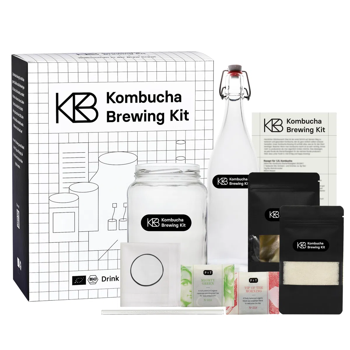 Kombucha Brewing Kit Bio, Kombucha Starter Set mit Bio-SCOBY Starterkultur und Kombucha Pilz, Gärgefäß, Bügelflasche, BioRohrohrzucker und Glasstrohhalm, handgefertigt, vegan, glutenfrei, laktosefrei
