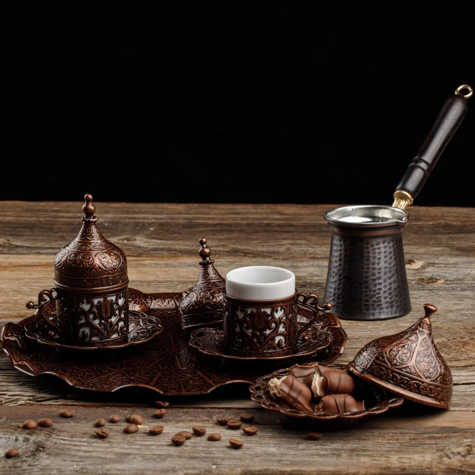 DEMMEX Kupfer Kaffeeset 12-teilig mit Tassen, Untertassen, Deckeln, Zuckerdose, Tablett und Kaffeekanne