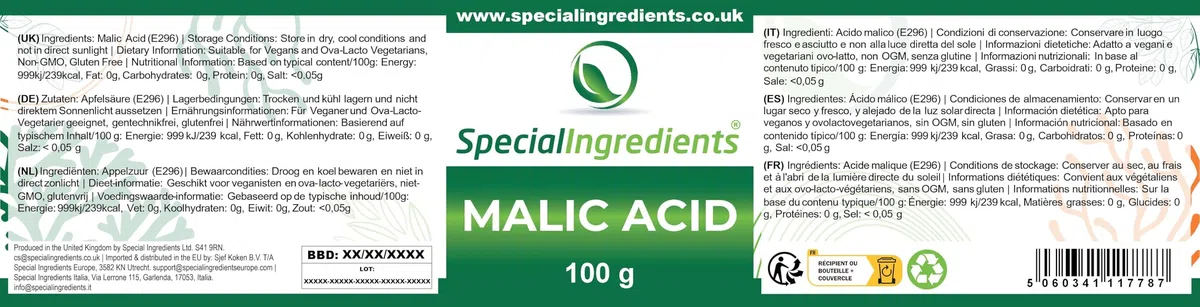 Special Ingredients Apfelsäure Pulver 100 g - Malic Acid - Geschmacksverstärker, Konservierungsmittel & Säureregulator - Für die Herstellung von Wein, Bier & Spirituosen - Premium-Qualität