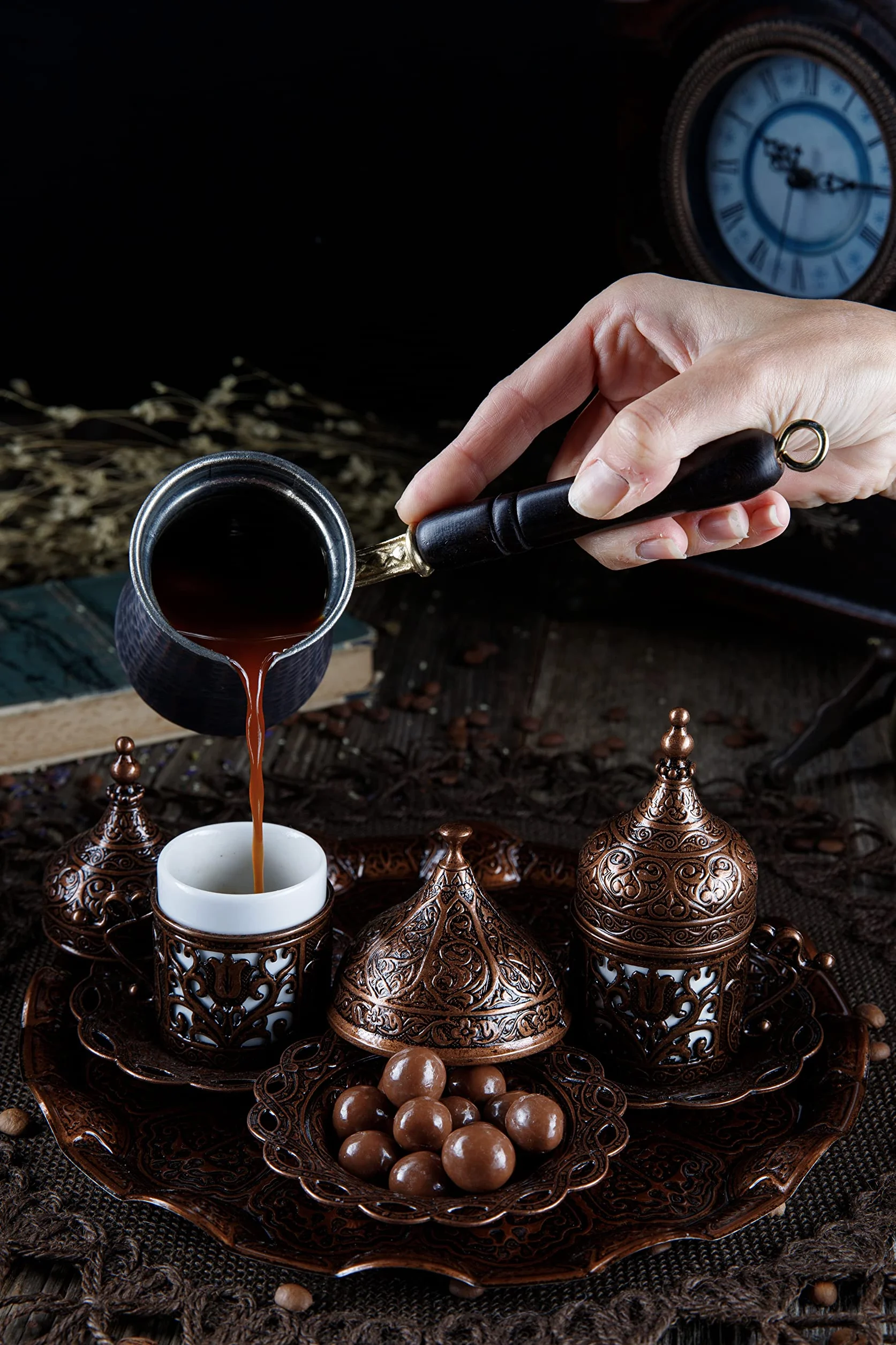 DEMMEX Kupfer Kaffeeset 12-teilig mit Tassen, Untertassen, Deckeln, Zuckerdose, Tablett und Kaffeekanne