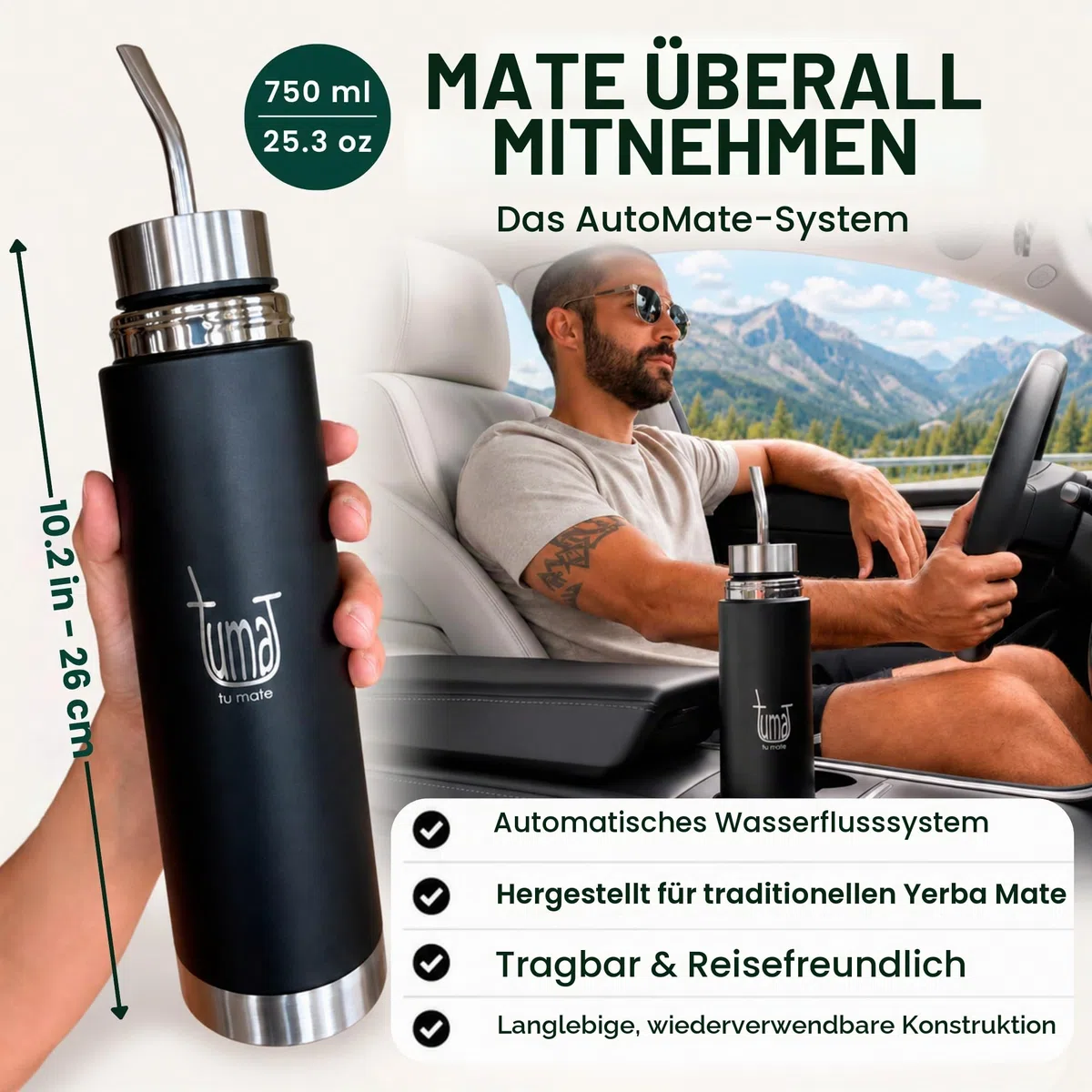 Mate Listo Automate – Auto Mate Isolierflasche mit Ausgießer, Fluvion Selbstbedienungssystem für Yerba Mate, Zwei Geschenke, 750 ml Edelstahl, Argentinian Mate Automatik-Set