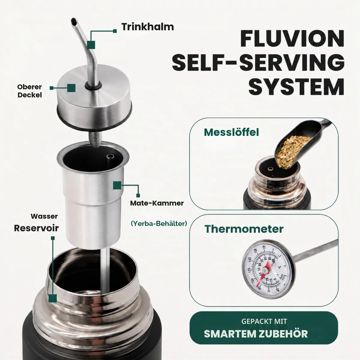 Mate Listo Automate – Auto Mate Isolierflasche mit Ausgießer, Fluvion Selbstbedienungssystem für Yerba Mate, Zwei Geschenke, 750 ml Edelstahl, Argentinian Mate Automatik-Set
