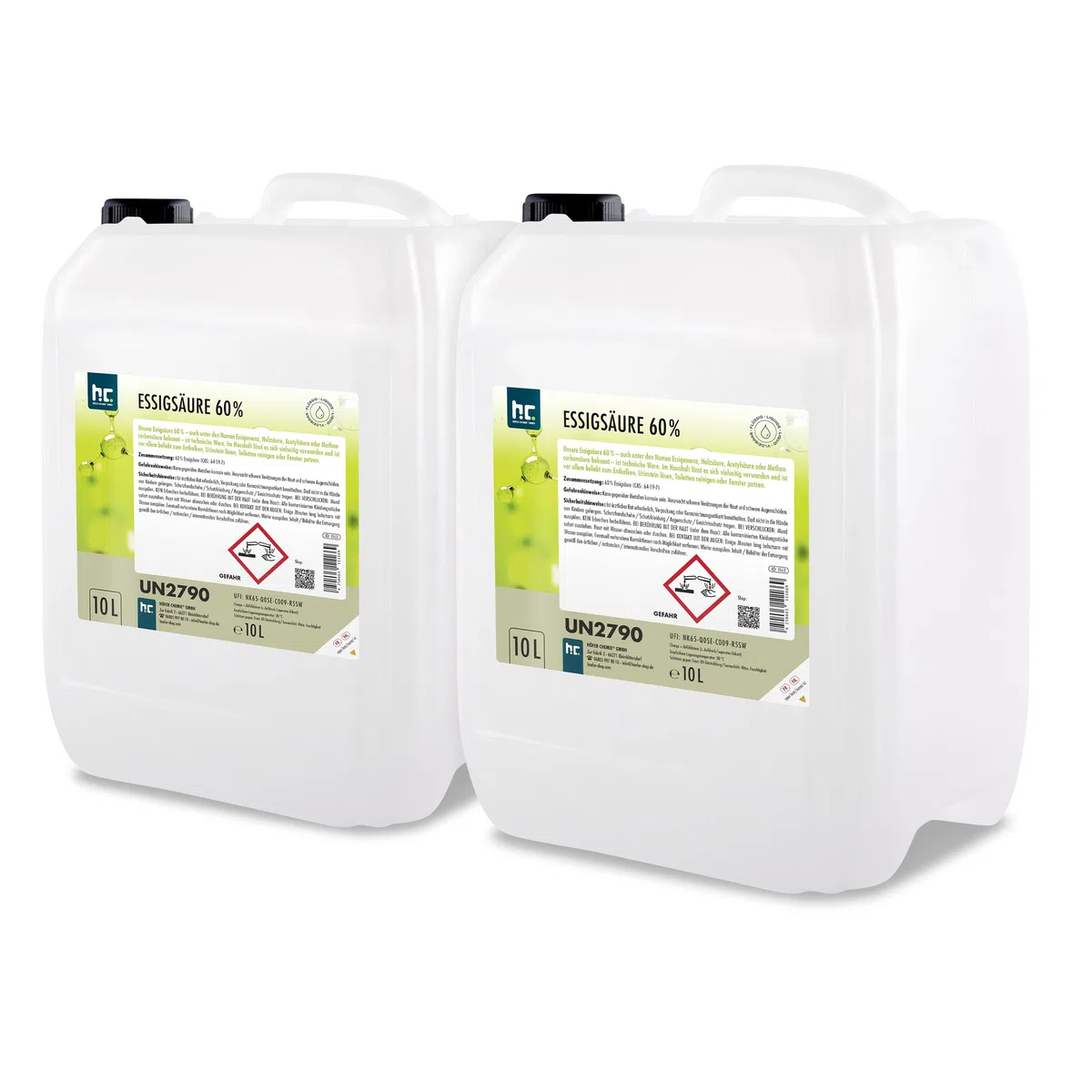 Höfer Chemie 2 x 10 L Essigsäure 60% - optimaler Reiniger und Entkalker - Premium Qualität Made in Germany - frisch abgefüllt im handlichen Kanister