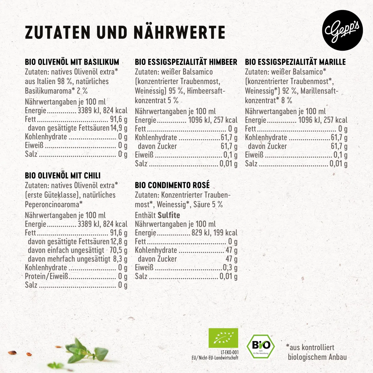 Gepp’s Feinkost Bio Essig und Öl Probier- & Geschenkset 5 x 50ml
