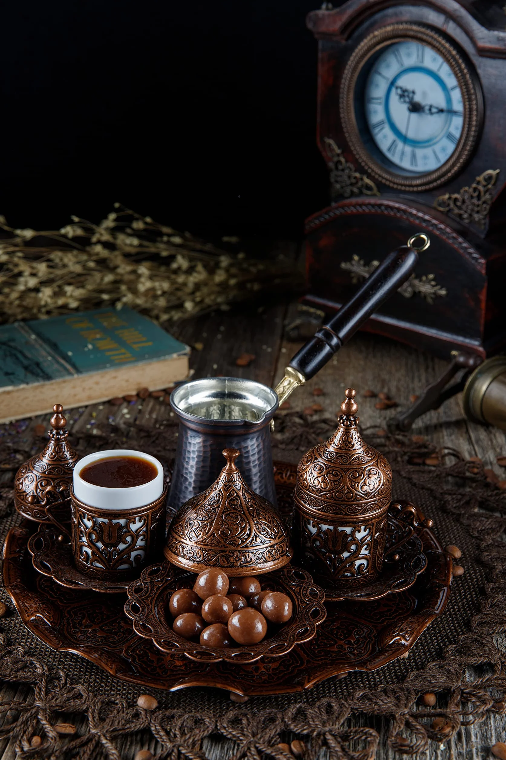 DEMMEX Kupfer Kaffeeset 12-teilig mit Tassen, Untertassen, Deckeln, Zuckerdose, Tablett und Kaffeekanne