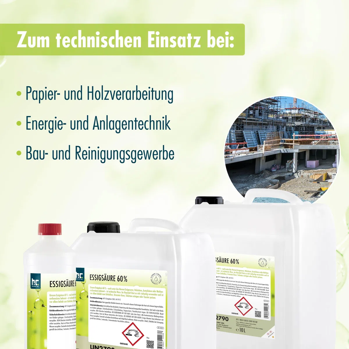 Höfer Chemie 2 x 10 L Essigsäure 60% - optimaler Reiniger und Entkalker - Premium Qualität Made in Germany - frisch abgefüllt im handlichen Kanister