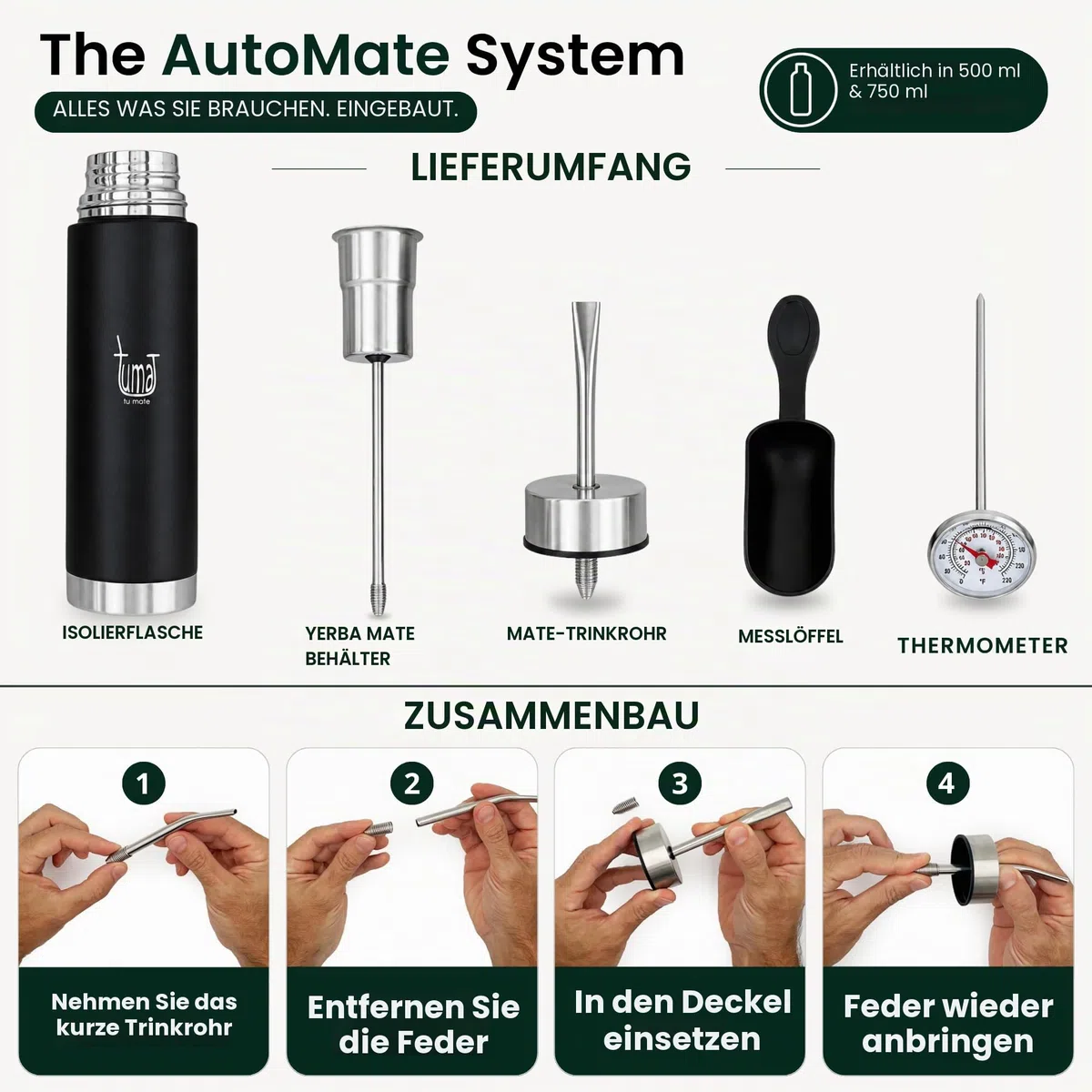 Mate Listo Automate – Auto Mate Isolierflasche mit Ausgießer, Fluvion Selbstbedienungssystem für Yerba Mate, Zwei Geschenke, 750 ml Edelstahl, Argentinian Mate Automatik-Set