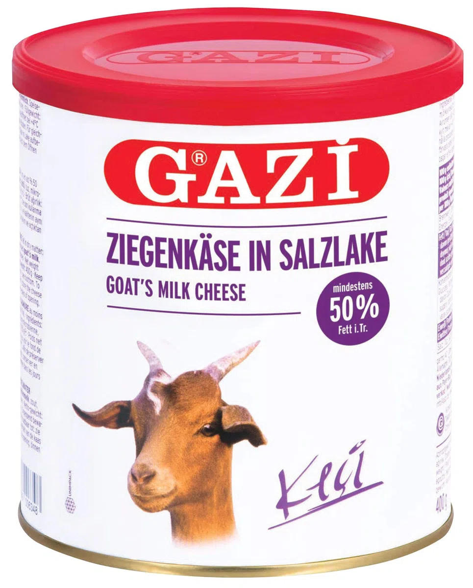 Gazi Ziegenkäse in Salzlake - 1x 400gramm Metalldose - Ziege Ziegen Käse Keci peyniri 50% Fett i.Tr. aus 100% Ziegenmilch, mild, mikrobielles Lab, vegetarisch, glutenfrei, zu Börek, zu Salat