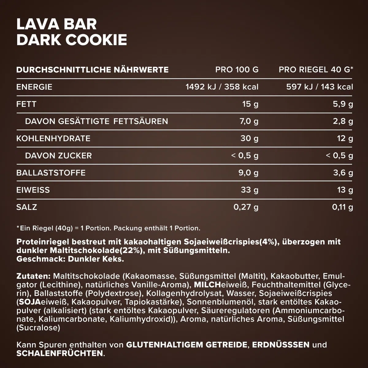 IronMaxx Lava Protein Bar Dark Cookie 18x40g High Protein Riegel mit cremigem Kern & Erdnuss-Karamell-Topping Zuckerarm ohne Palmöl
