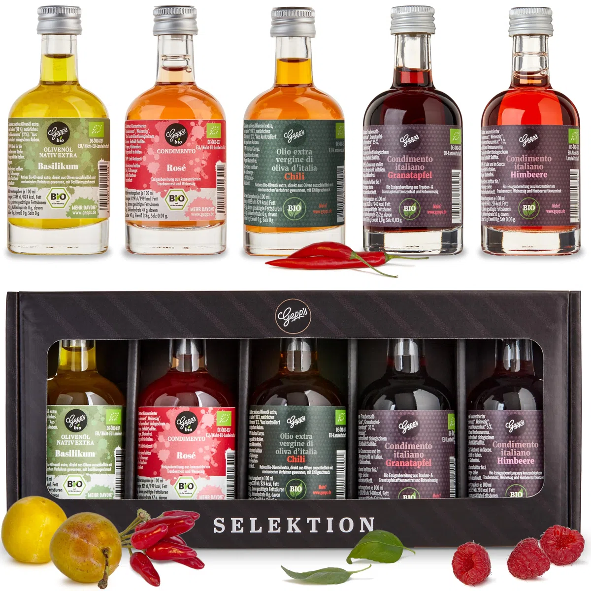 Gepp’s Feinkost Bio Essig und Öl Probier- & Geschenkset 5 x 50ml