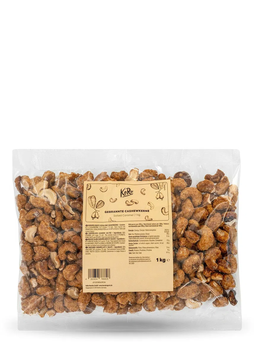 KoRo - Gebrannte Cashewkerne Salted Caramel 1 kg - Zarte ganze Cashews - Feiner Salz-Karamell Geschmack - Praktische Vorteilspackung