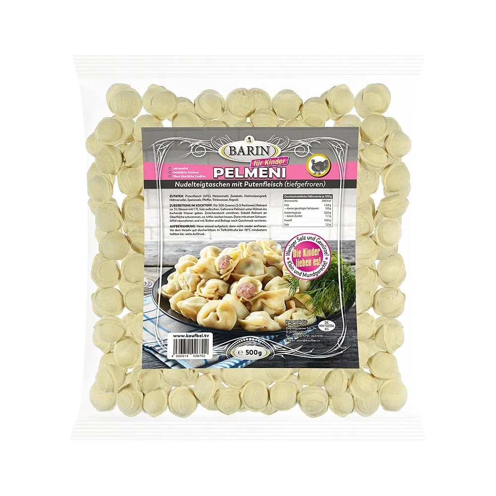 BARIN Pelmeni mit Putenfleisch 500g Handgemachte Teigtaschen für Kinder Tiefgekühltes Fertiggericht