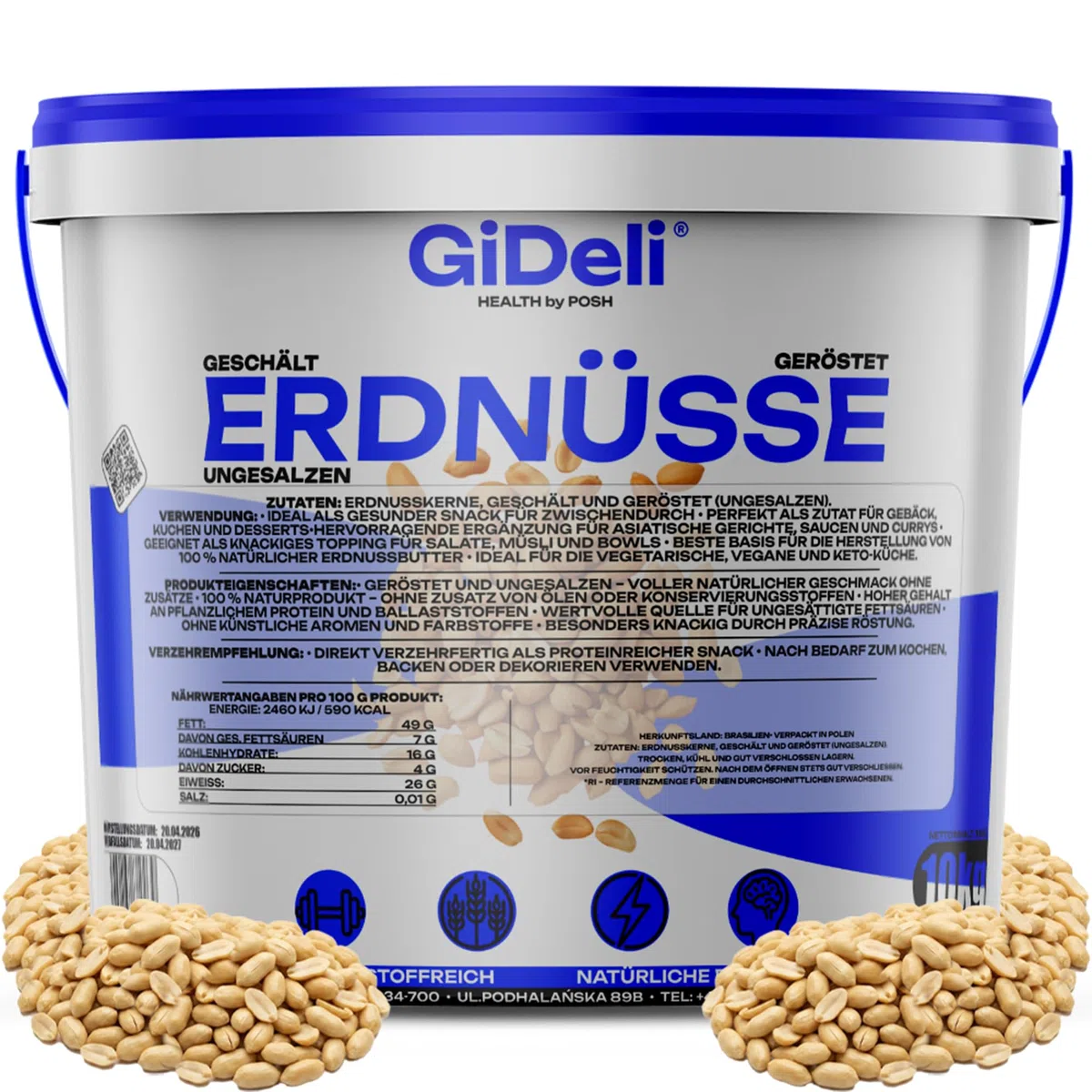 GiDeli Erdnüsse Geröstet ohne Salz und Öl 10kg im Eimer - Großpackung ungesalzener naturbelassener