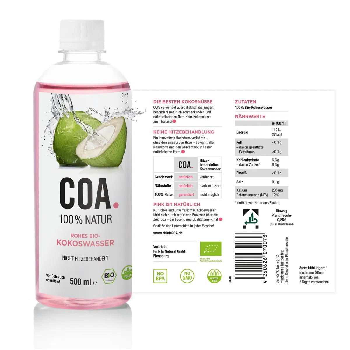 Bio-Kokoswasser 12x500ml Unbehandelt Vegan Glutenfrei Isotonisch