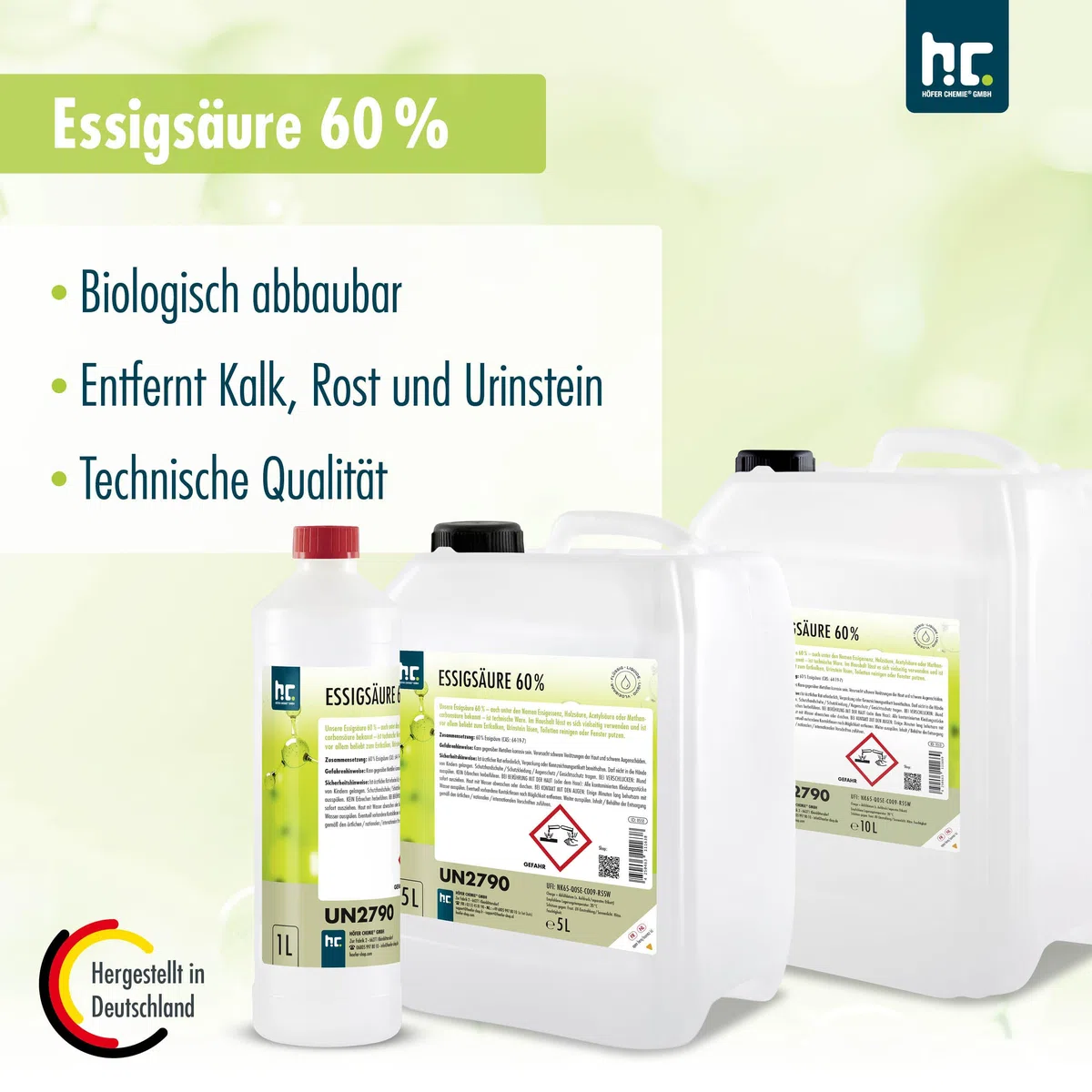 Höfer Chemie 2 x 10 L Essigsäure 60% - optimaler Reiniger und Entkalker - Premium Qualität Made in Germany - frisch abgefüllt im handlichen Kanister