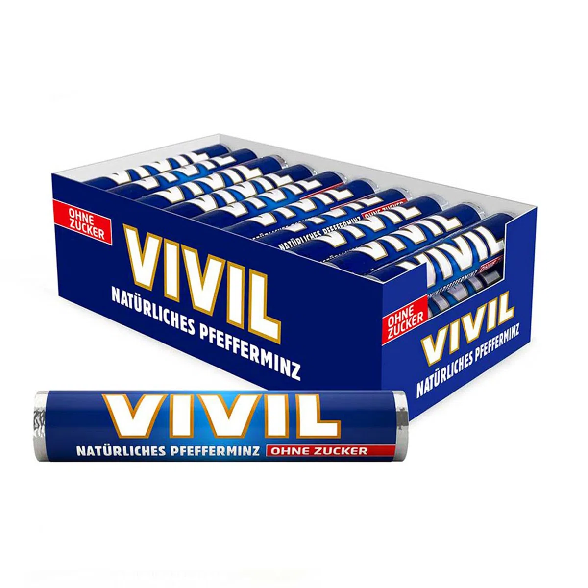 VIVIL Rollen Natürliches Pfefferminz ohne Zucker, 30 Rollen, frische Pastillen mit Pfefferminzgeschmack, zuckerfrei & vegan, 30 x 28g