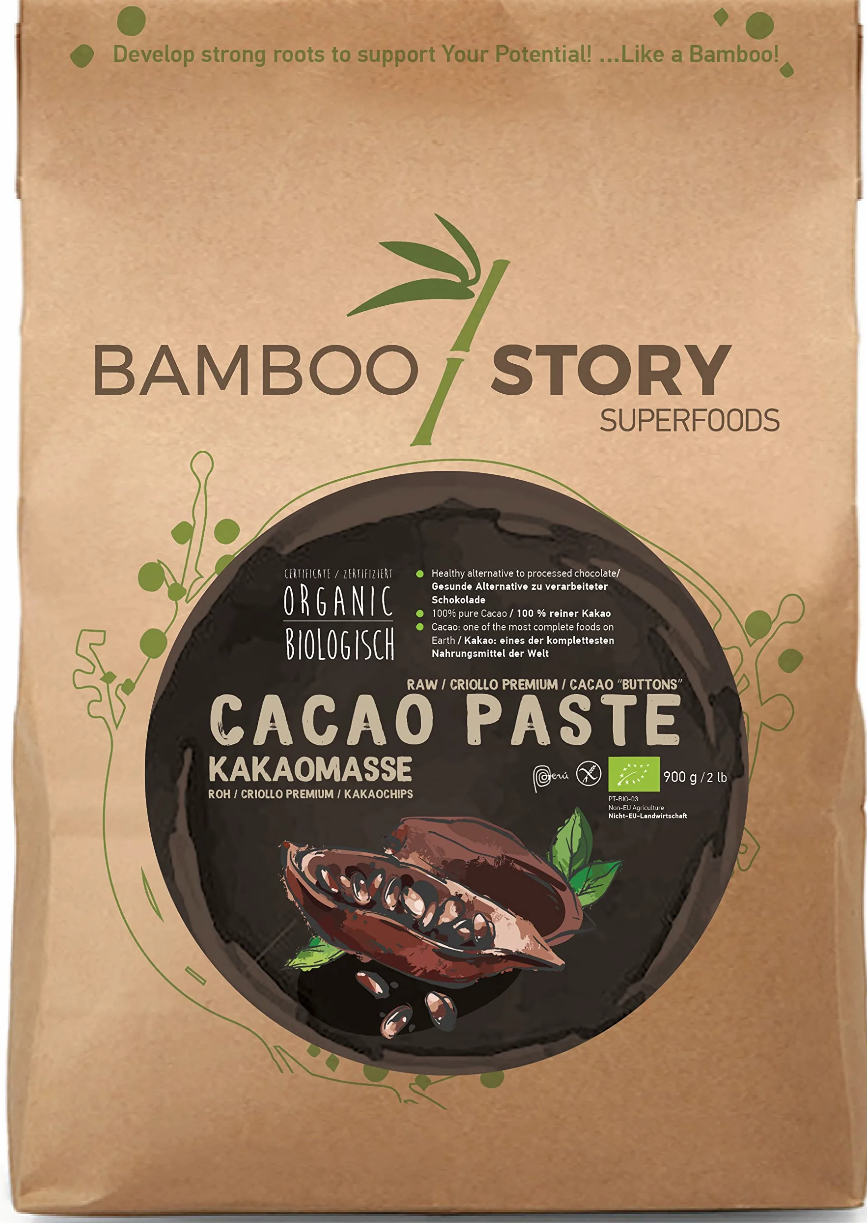 BAMBOO STORY Kakaomasse Drops Criollo Bio 100% Kakao Ohne Zuckerzusatz 900 g Single Origen Peru