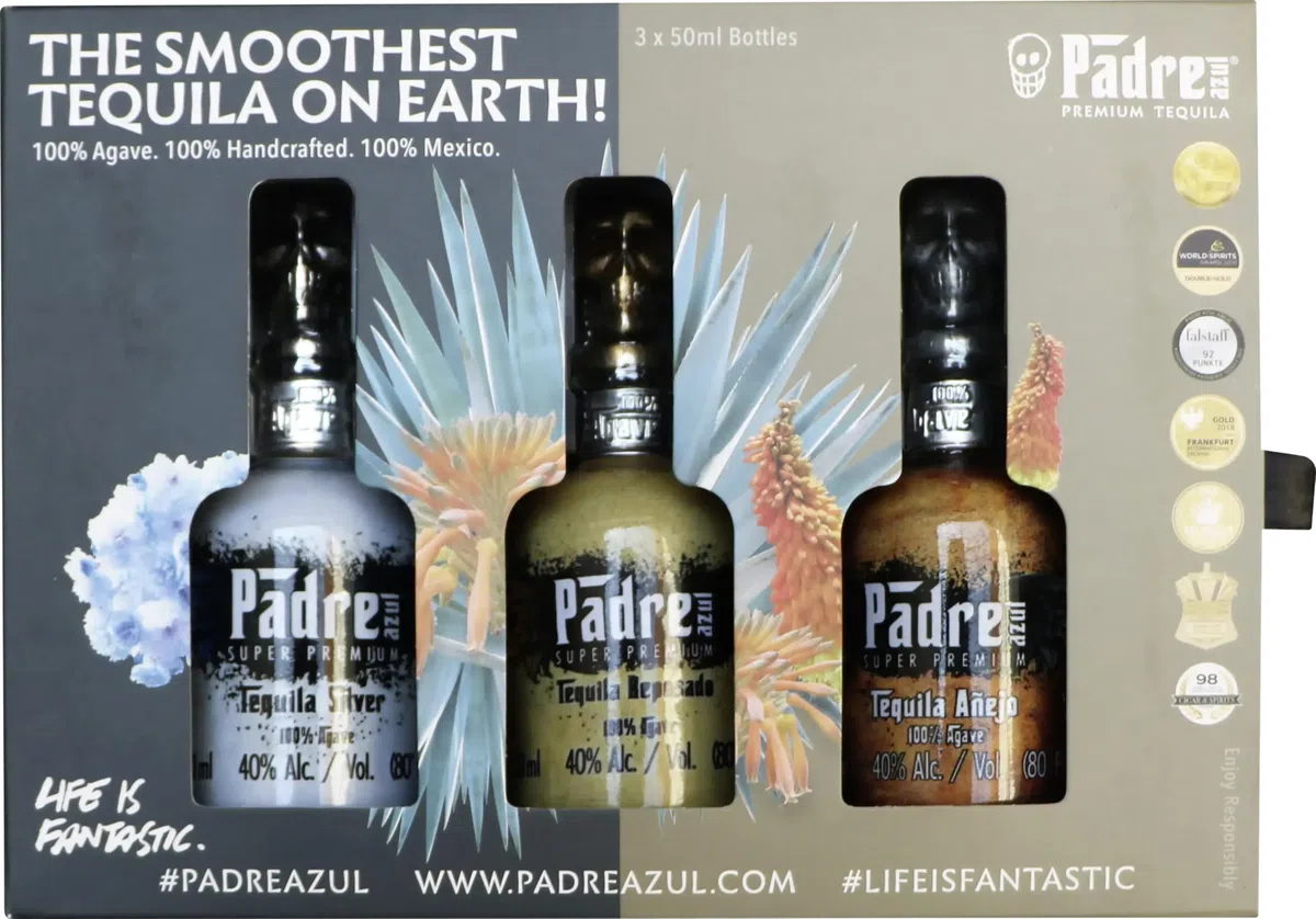 Padre azul Tequila Trio Tasting & Geschenkset mexikanischer Super Premium Tequila Silver Reposado Anejo 40% vol. 3x50 ml