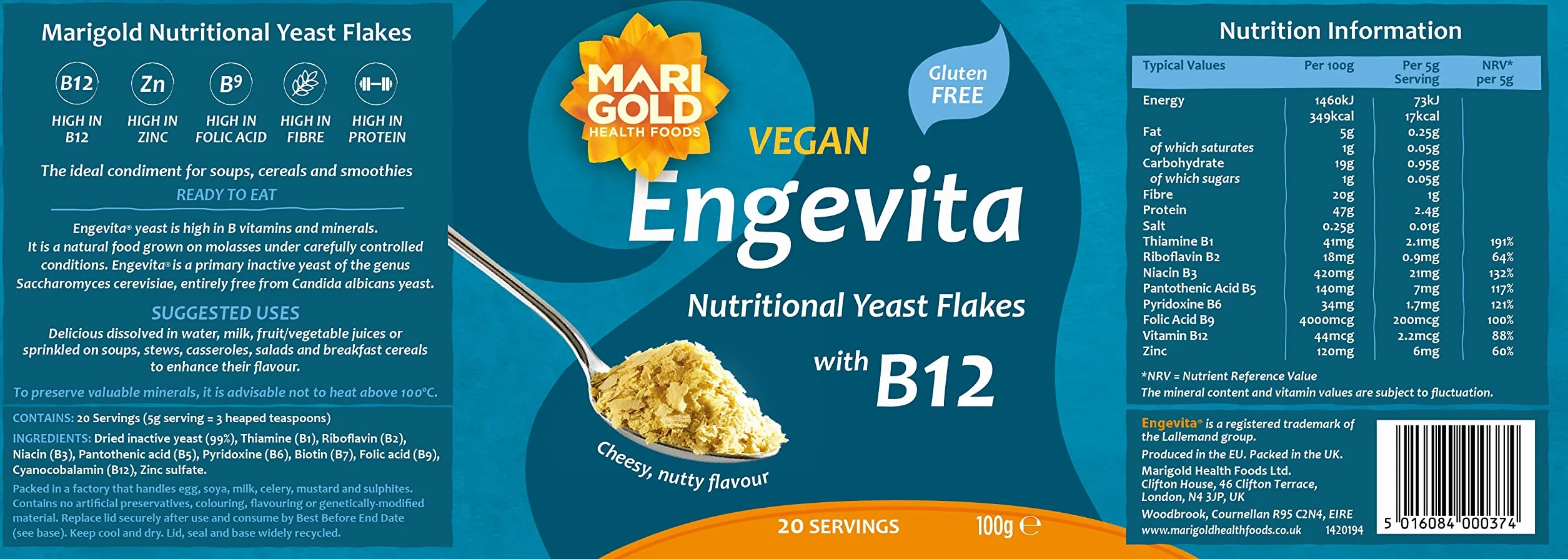 Marigold Health Foods Engevita Hefeflocken mit Vitamin B12 - Vegan & Glutenfrei - 100g (3er Pack)