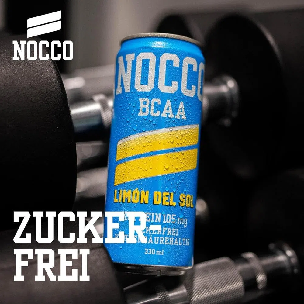 NOCCO BCAA energy drink 24er pack – zuckerfrei, vegan Energy Getränk mit Koffein, Vitaminen und Aminosäuren – Zitronengeschmack, 24 x 330ml inkl. Pfand (Limon Del Sol)