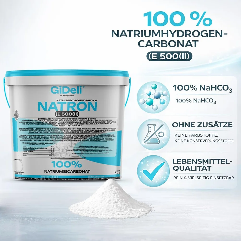 GiDeli Natron Pulver 20kg im Eimer Lebensmittelqualität - Natriumbicarbonat ohne Zusätze - Ideal zum Koche, Backen, Waschen und Putzen - Vielseitige Anwendung im Haushalt