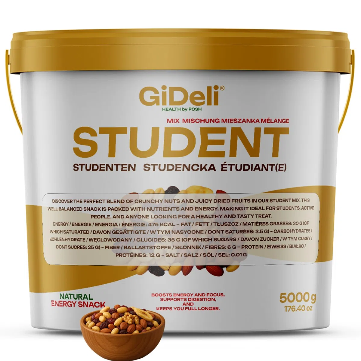 GiDeli Studentenfutter Premium 5kg Fruchtmischung mit Erdnüssen, Cashewkernen, Haselnüssen, Mandeln, Walnüssen, Rosinen, Cranberries & Bananenchips