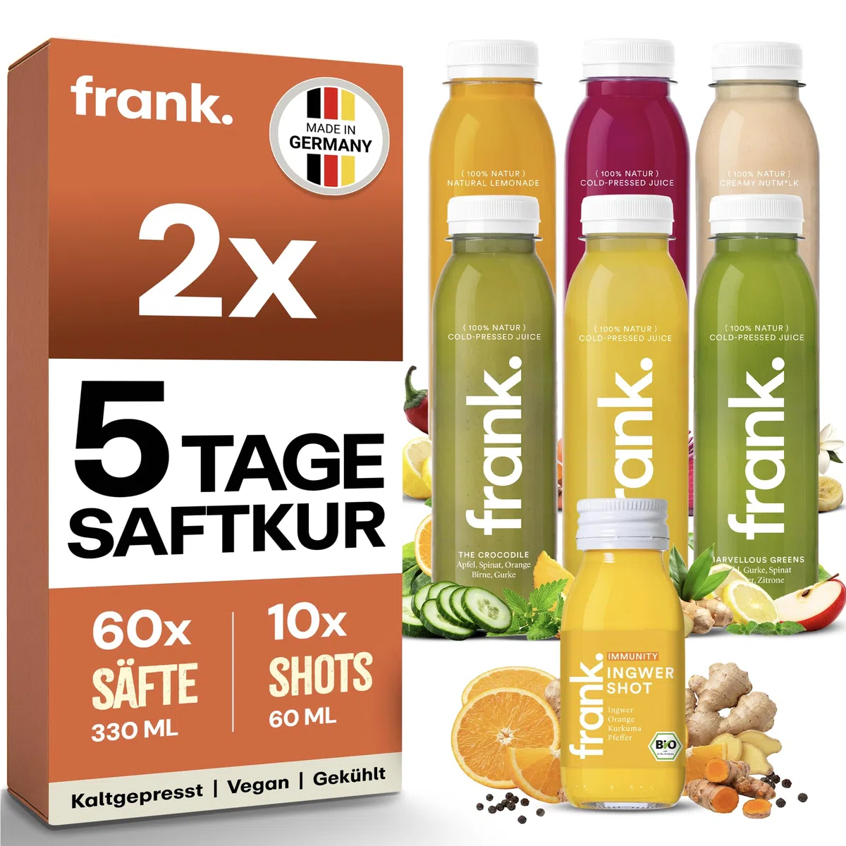 Frank Juice 2x Saftkur 5 Tage Fasten für Paare 60 x 330ml Säfte + 10 x 60ml Bio Ingwer shot Direktsaft kaltgepresst Vegan