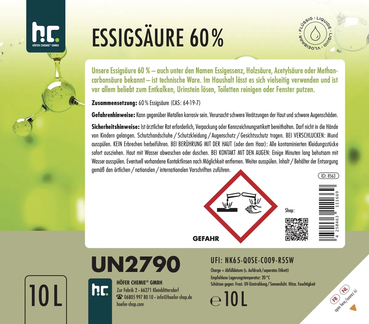 Höfer Chemie 2 x 10 L Essigsäure 60% - optimaler Reiniger und Entkalker - Premium Qualität Made in Germany - frisch abgefüllt im handlichen Kanister