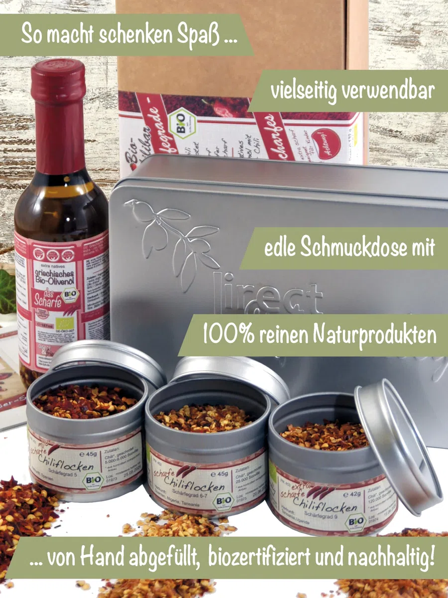 Bio Chili-Olivenöl extra scharf & Chiliflocken 3 Schärfegrade Geschenkset