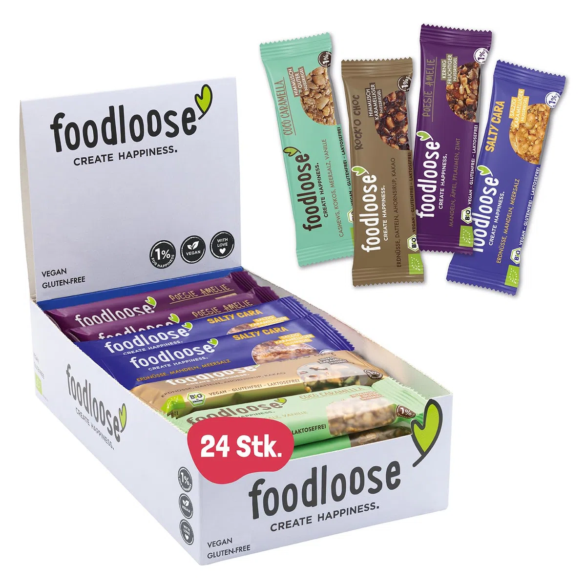 foodloose Bio-Nussriegel Probierpaket | Vegane, laktose- und glutenfreie Bio-Riegel ohne raffinierten Zucker | Großpackung mit 4 verschiedenen Sorten (24 Riegel x 35g)