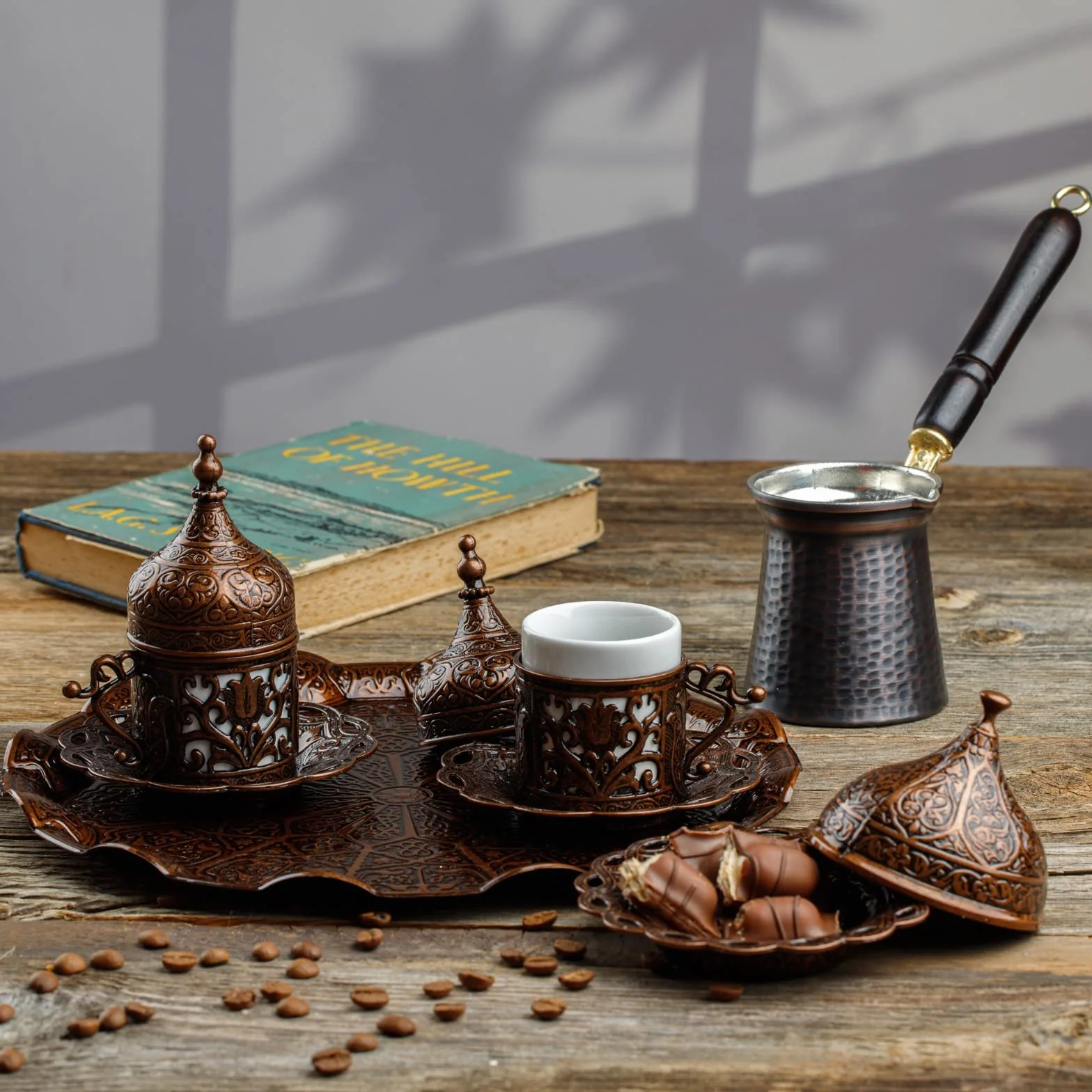 DEMMEX Kupfer Kaffeeset 12-teilig mit Tassen, Untertassen, Deckeln, Zuckerdose, Tablett und Kaffeekanne