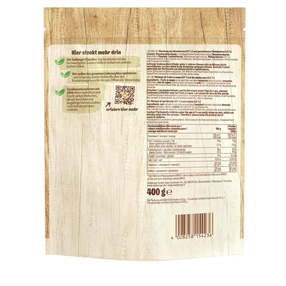 Seeberger Studentenfutter 7er Pack Klassische Nuss-Frucht-Mischung Haselnusskernen Mandeln Walnüssen Cashewkernen Rosinen vegan 7 x 400 g
