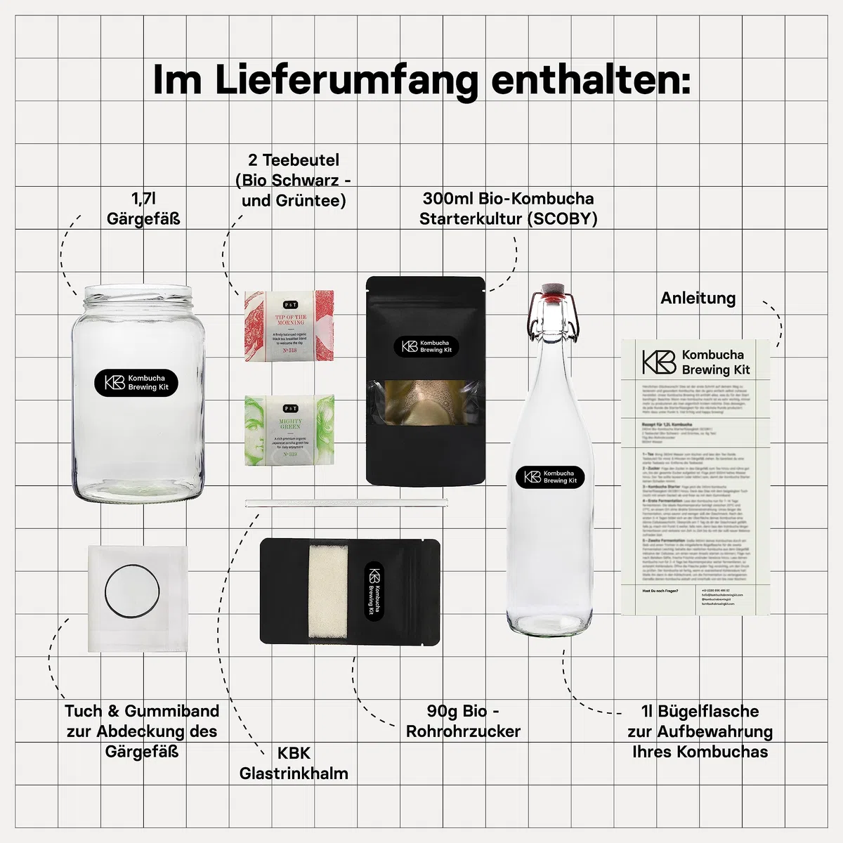 Kombucha Brewing Kit Bio, Kombucha Starter Set mit Bio-SCOBY Starterkultur und Kombucha Pilz, Gärgefäß, Bügelflasche, BioRohrohrzucker und Glasstrohhalm, handgefertigt, vegan, glutenfrei, laktosefrei