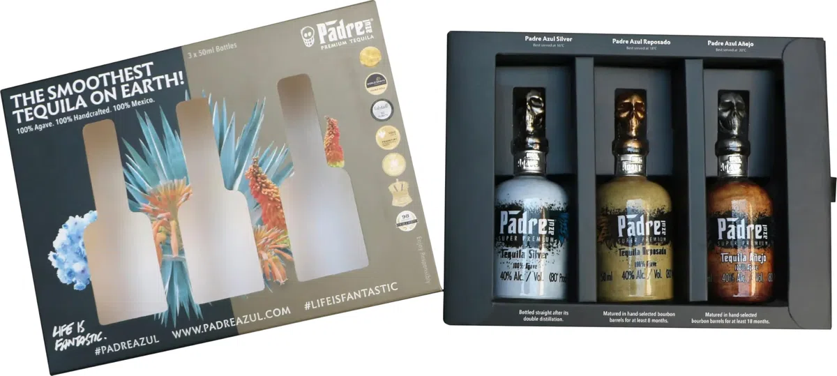 Padre azul Tequila Trio Tasting & Geschenkset mexikanischer Super Premium Tequila Silver Reposado Anejo 40% vol. 3x50 ml