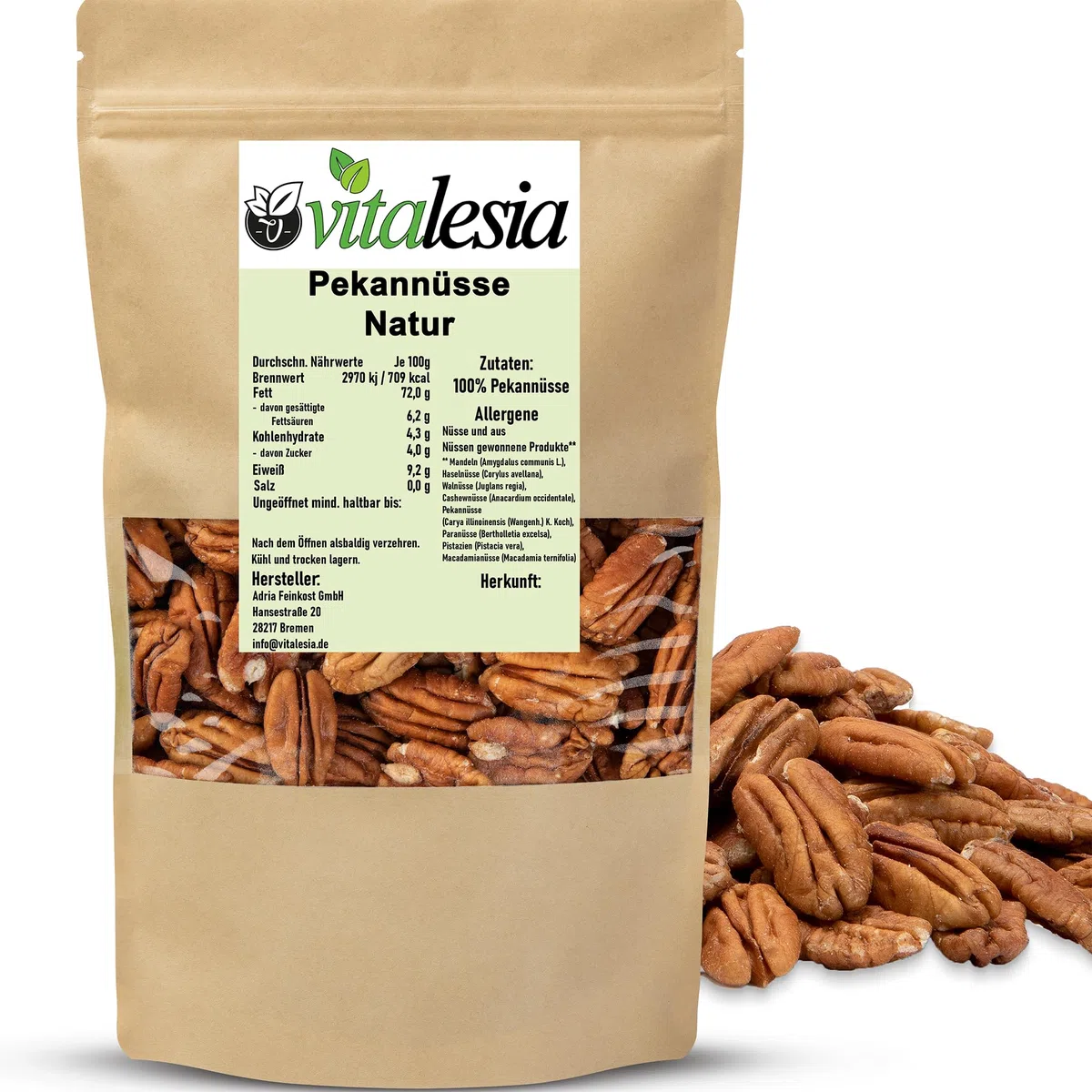 Vitalesia Pekannüsse naturbelassen 1kg | Premium Pekannusskerne | ungesalzen & ungeröstet | ohne Zusätze | USA-Qualität | mild & aromatisch | Nüsse Natur | vegan