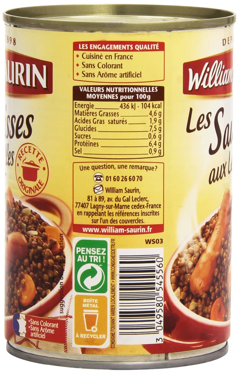 William Saurin Würste mit Linsen 420 g 6 Stück