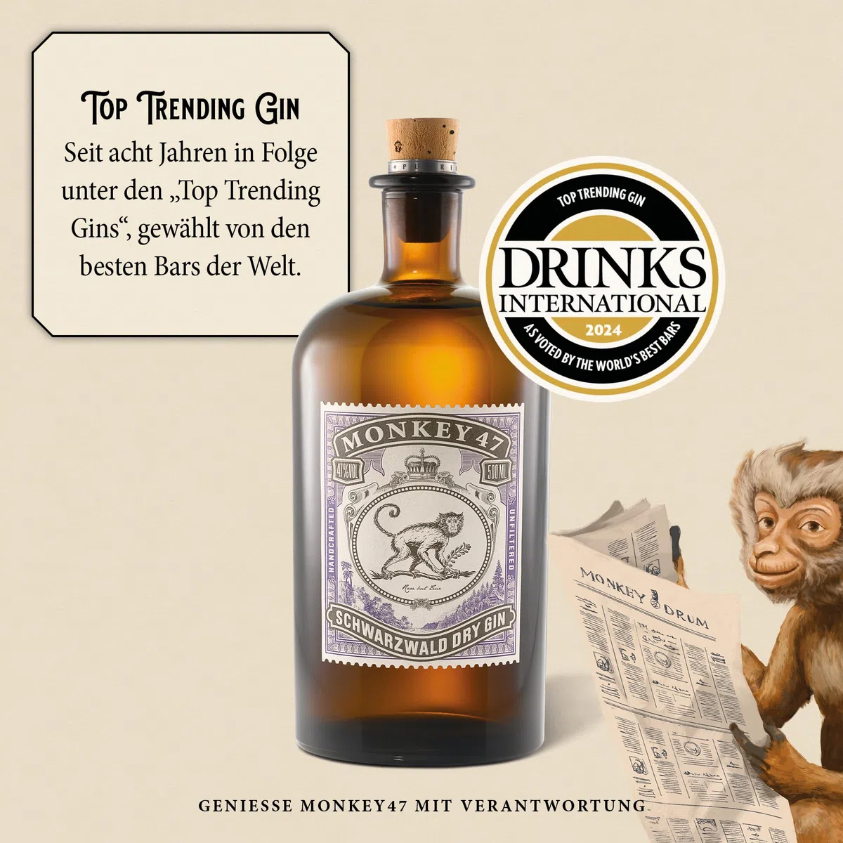 Monkey 47 Schwarzwald Dry Gin 0,5 L Premium Gin mit Wacholderaroma & Zitronennoten