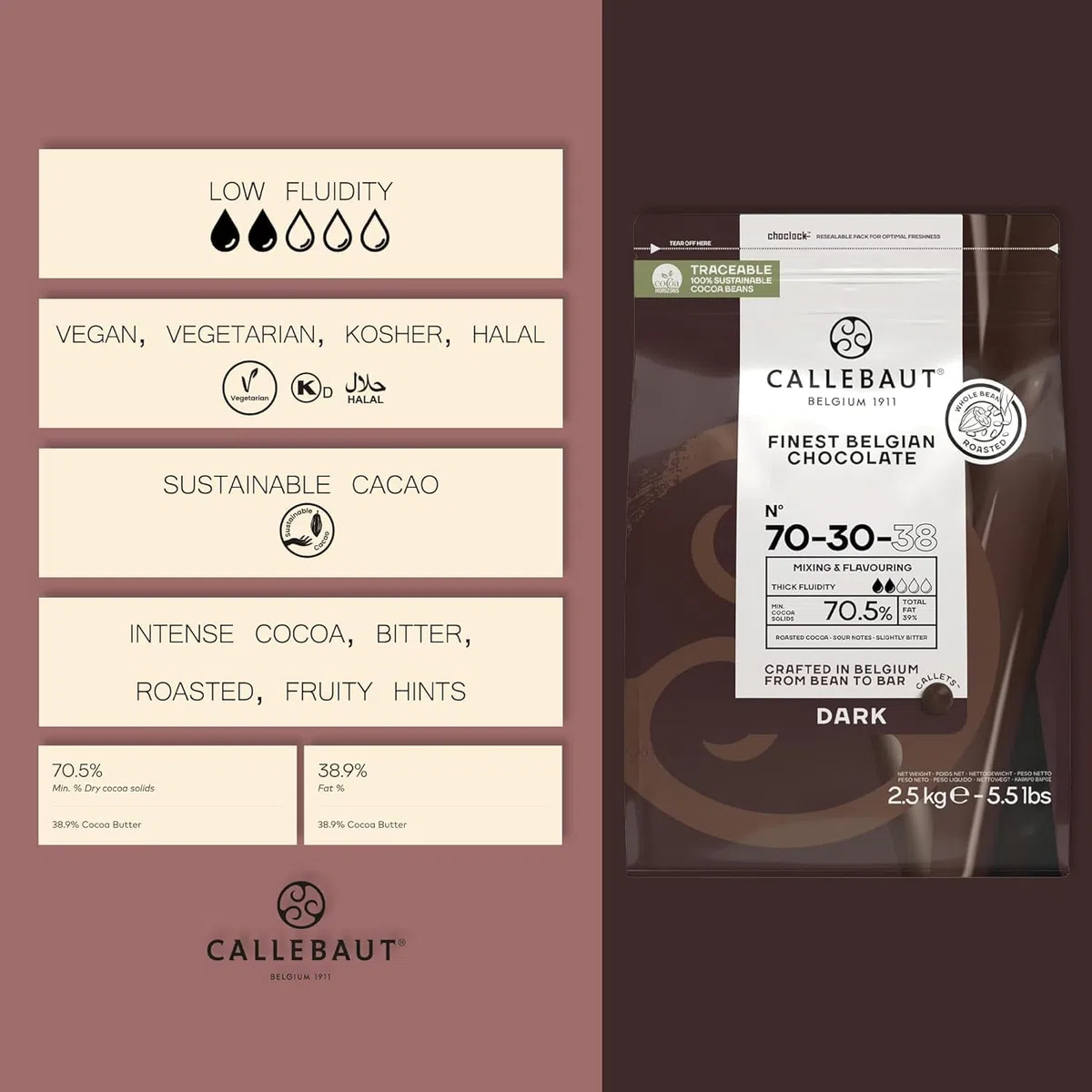 CALLEBAUT Kuvertüre Callets Zartbitterschokolade 70,5% Kakao 2,5 kg 1er Pack