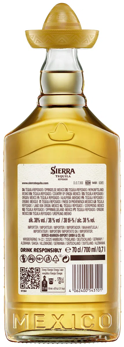 Sierra Tequila Reposado (1 x 700 ml) – das Original mit Sombrero aus Mexico – Reposado Tequila mit zarten Noten von Vanille und Karamell – ideal als Shot mit Zimt & Orange – 38 % Alk.