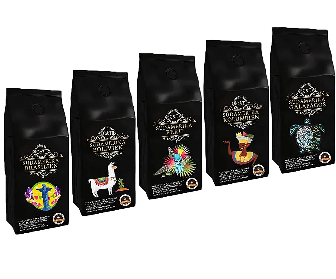 Länder Kaffee Geschenk Set Südamerika Kaffeebohnen frisch geröstet 5 x 500 g Sparpreispaket Gemahlen